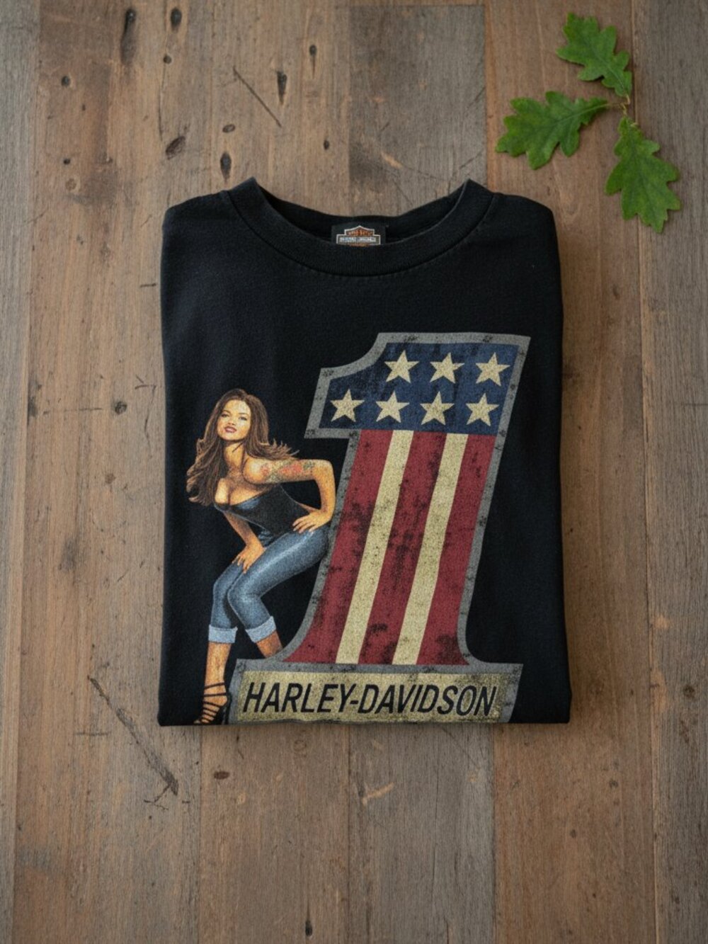 Vintage Harley Davidson El Paso Texas Pin Up Girl #1 Flag Tee